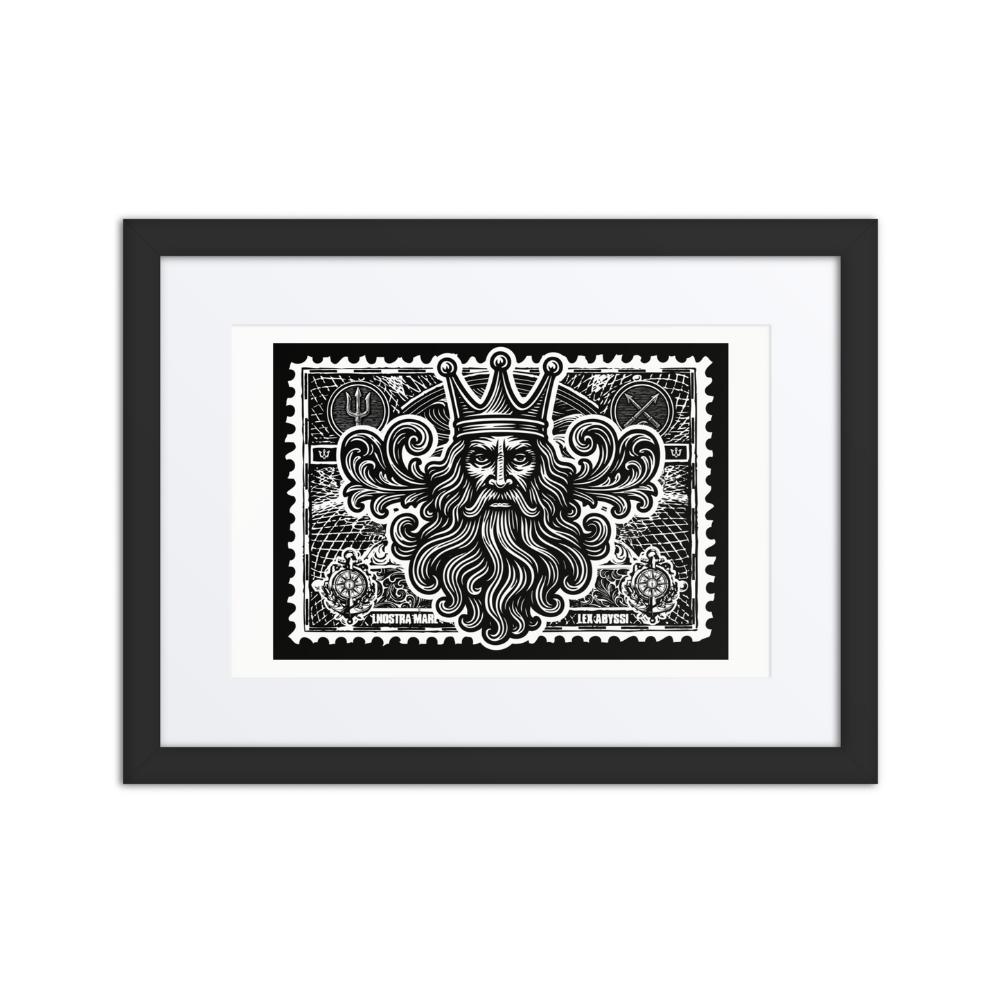 Linocut-style black-and-white print of Poseidon’s trident inside a nautical stamp border, symbolizing ocean power and mythic command