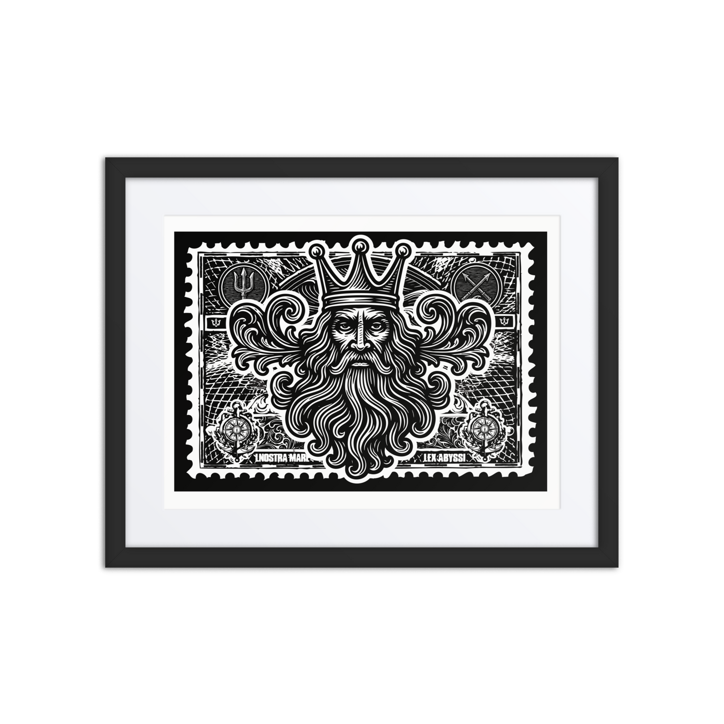 Linocut-style black-and-white print of Poseidon’s trident inside a nautical stamp border, symbolizing ocean power and mythic command