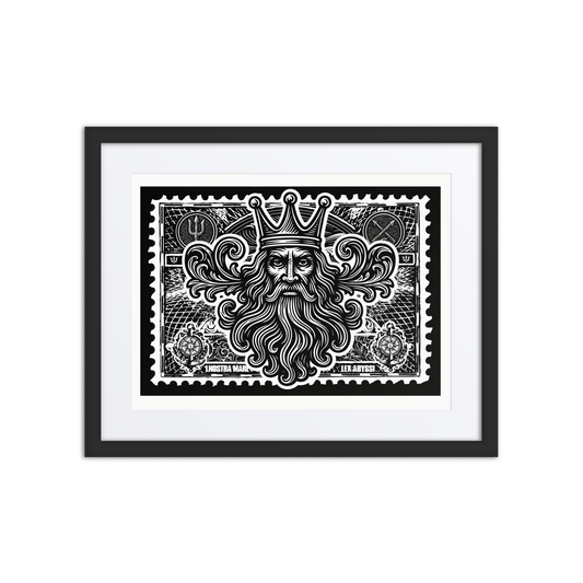 Linocut-style black-and-white print of Poseidon’s trident inside a nautical stamp border, symbolizing ocean power and mythic command