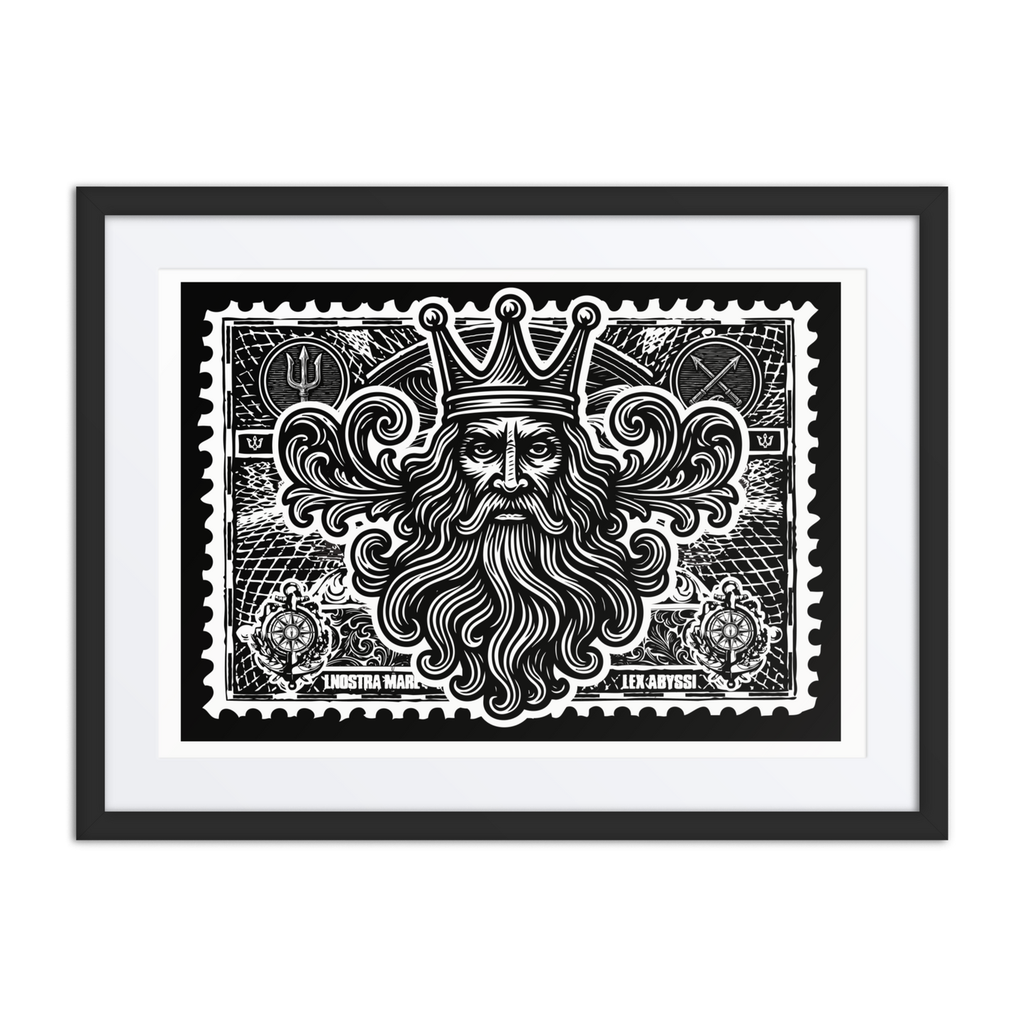 Linocut-style black-and-white print of Poseidon’s trident inside a nautical stamp border, symbolizing ocean power and mythic command