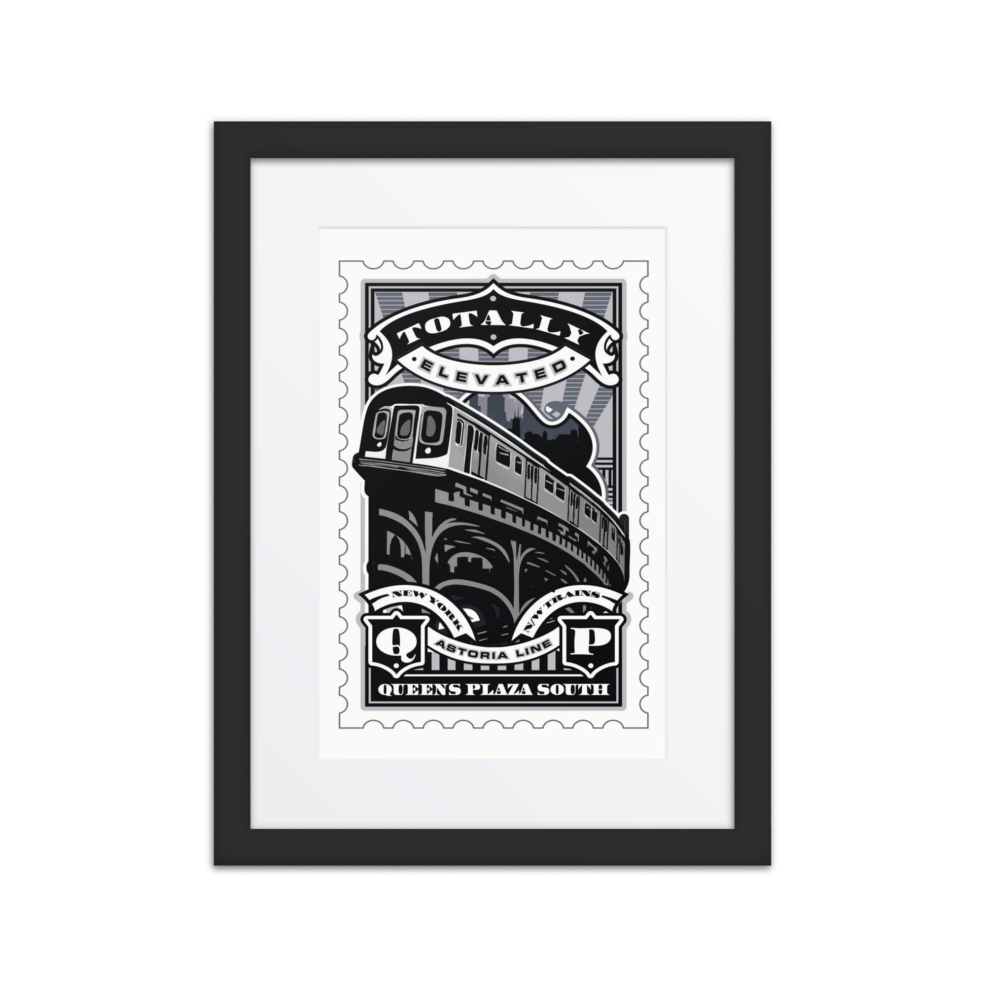 Linocut-style illustration of the Queens Plaza South elevated train tracks in NYC, featuring steel beams and urban rail lines carved in bold contrast.