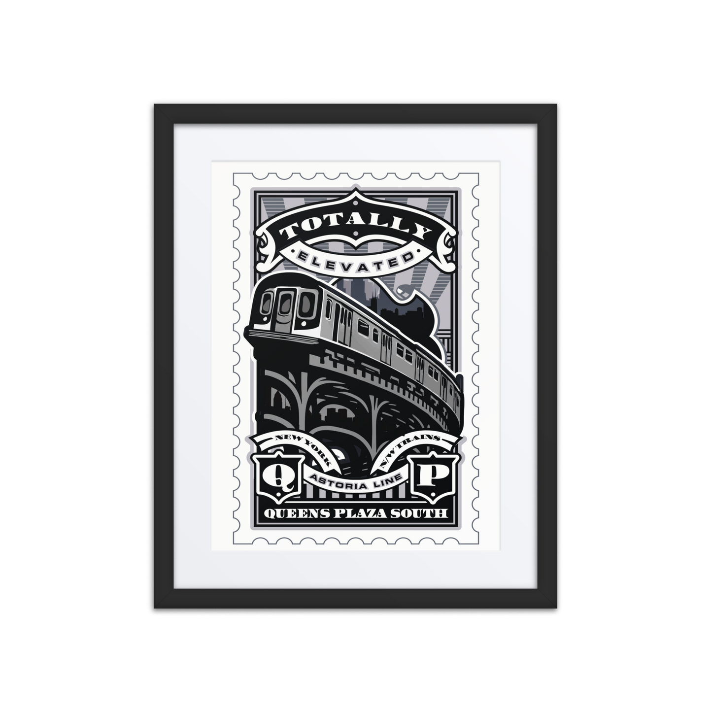 Linocut-style illustration of the Queens Plaza South elevated train tracks in NYC, featuring steel beams and urban rail lines carved in bold contrast.