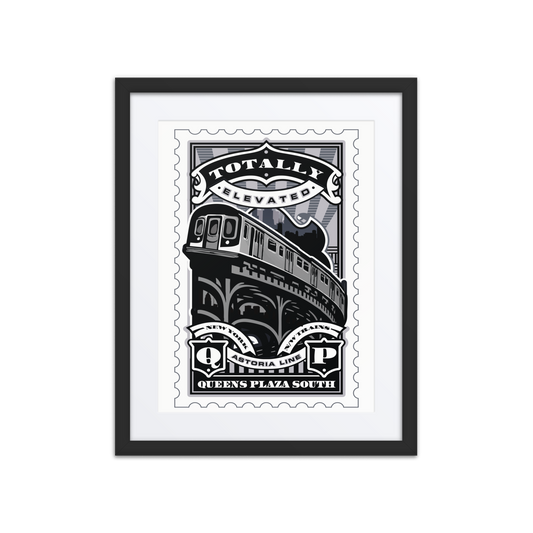 Linocut-style illustration of the Queens Plaza South elevated train tracks in NYC, featuring steel beams and urban rail lines carved in bold contrast.