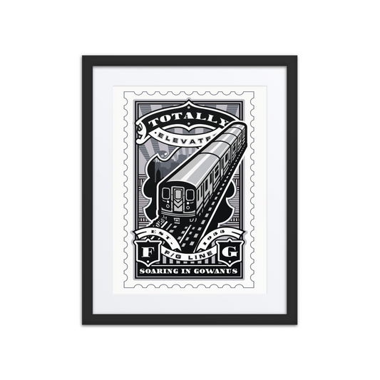 Linocut-style vector artwork of the Smith–9th Street subway station in Brooklyn, showing elevated tracks above the Gowanus Canal with strong architectural detail.