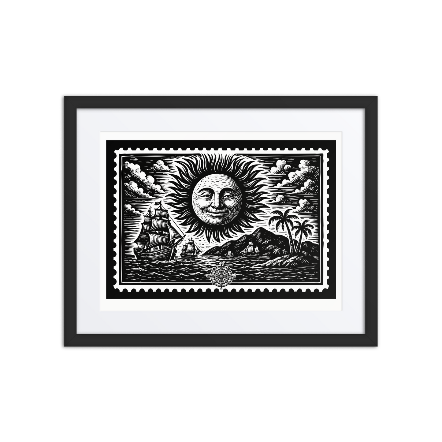 Black and white linocut-style illustration of a stylized winter sun face exhaling wind, part of a nautical seasonal stamp art series.