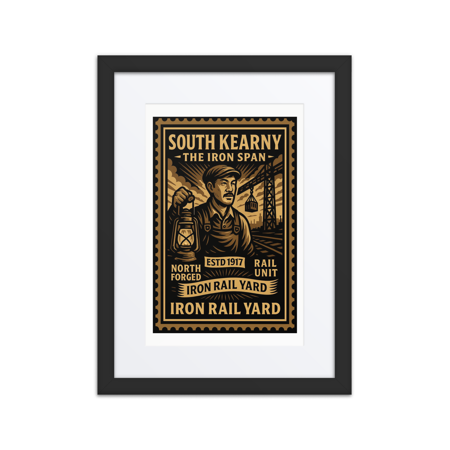 Linocut-style print of a South Kearny worker tightening bolts on industrial framework, surrounded by pipes, cranes, and cargo silhouettes.