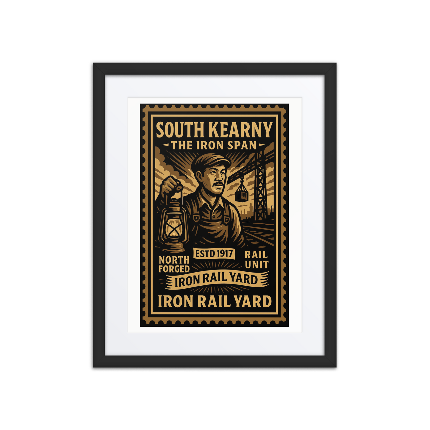 Linocut-style print of a South Kearny worker tightening bolts on industrial framework, surrounded by pipes, cranes, and cargo silhouettes.