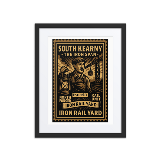 Linocut-style print of a South Kearny worker tightening bolts on industrial framework, surrounded by pipes, cranes, and cargo silhouettes.