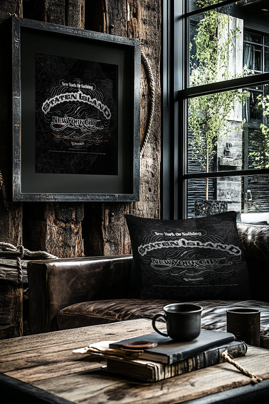 Staten Island Cartouche Holiday Bundle – Standard Set, Print and Pillow Gift Set by Rebelfy