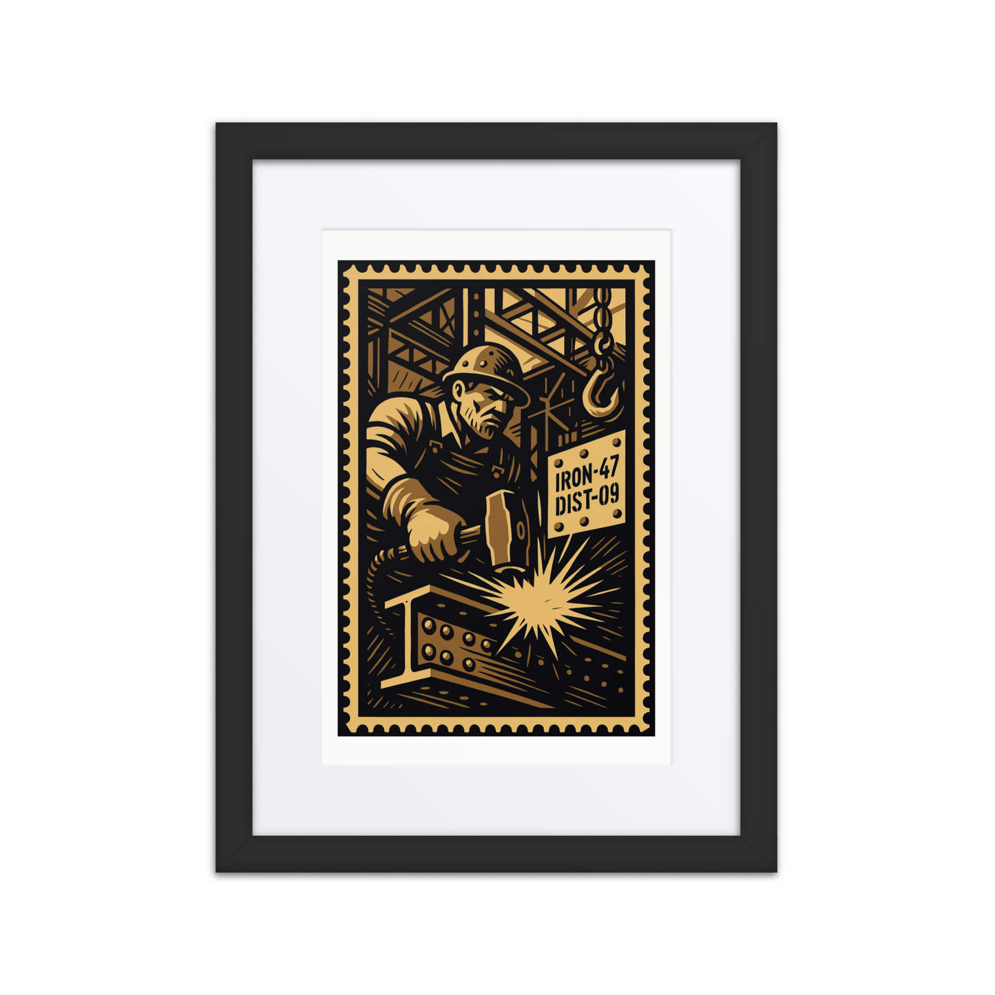 Linocut-style illustration of a steelworker striking a beam with a sledgehammer in an industrial setting.