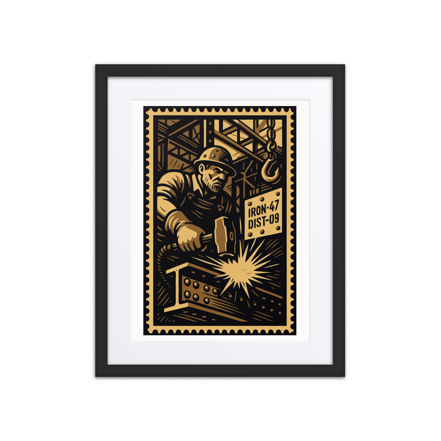 Linocut-style illustration of a steelworker striking a beam with a sledgehammer in an industrial setting.