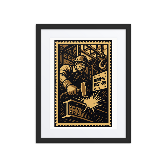 Linocut-style illustration of a steelworker striking a beam with a sledgehammer in an industrial setting.