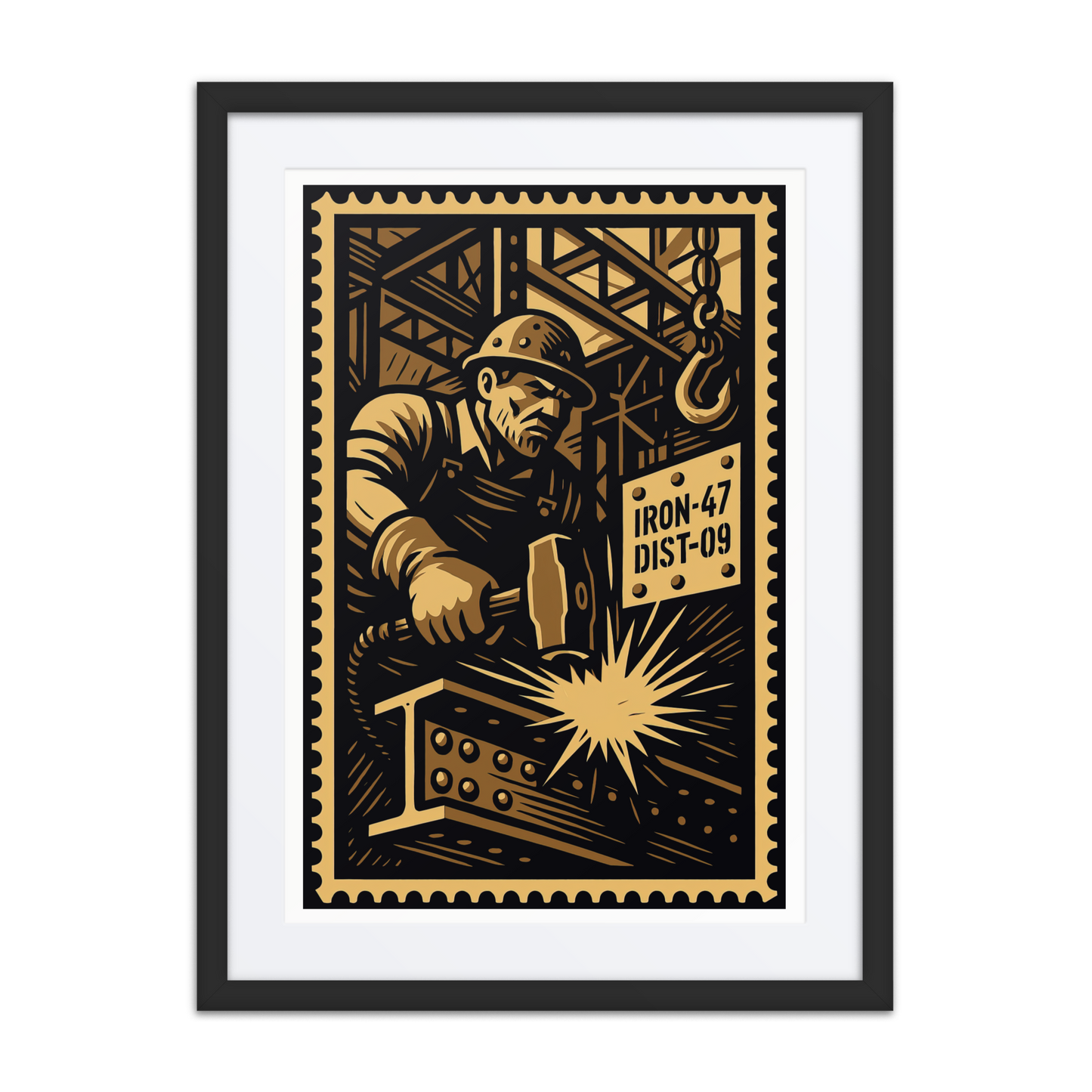 Linocut-style illustration of a steelworker striking a beam with a sledgehammer in an industrial setting.