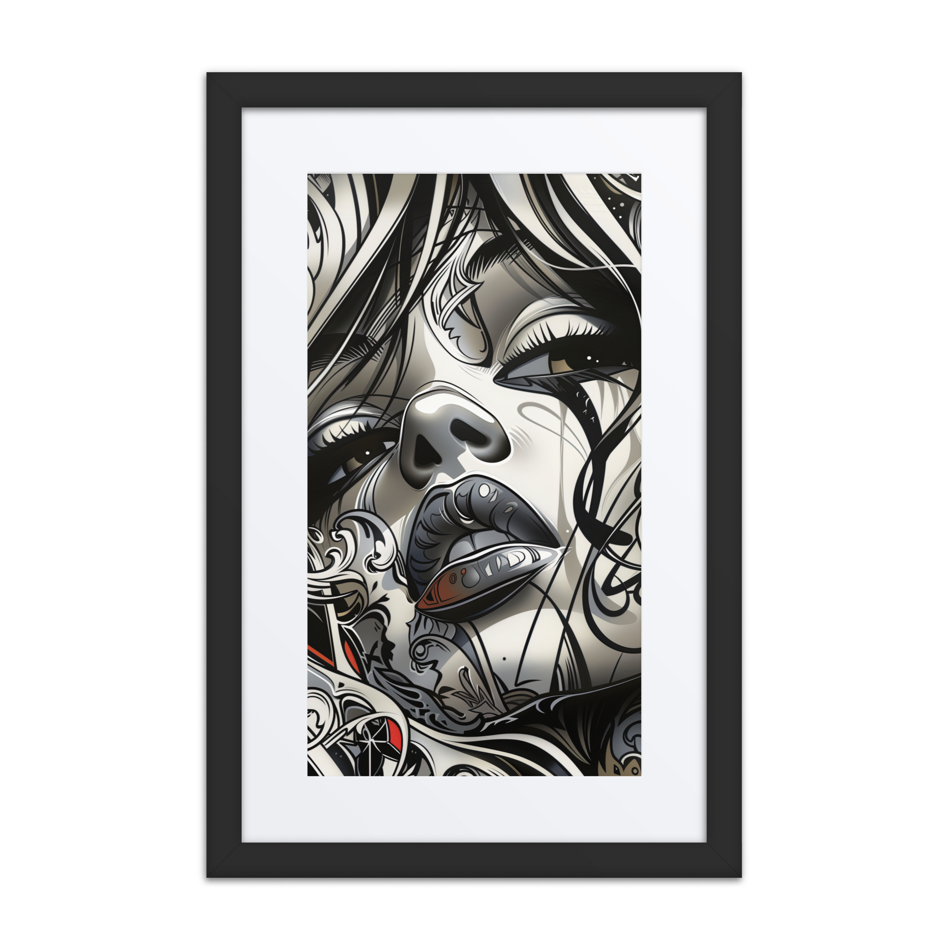 Close-up grayscale street art portrait of a woman’s face with swirling graffiti patterns, intricate linework, and sacred-style ornamentation—expressing strength and mystique.