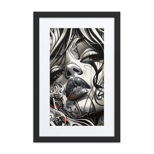 Close-up grayscale street art portrait of a woman’s face with swirling graffiti patterns, intricate linework, and sacred-style ornamentation—expressing strength and mystique.