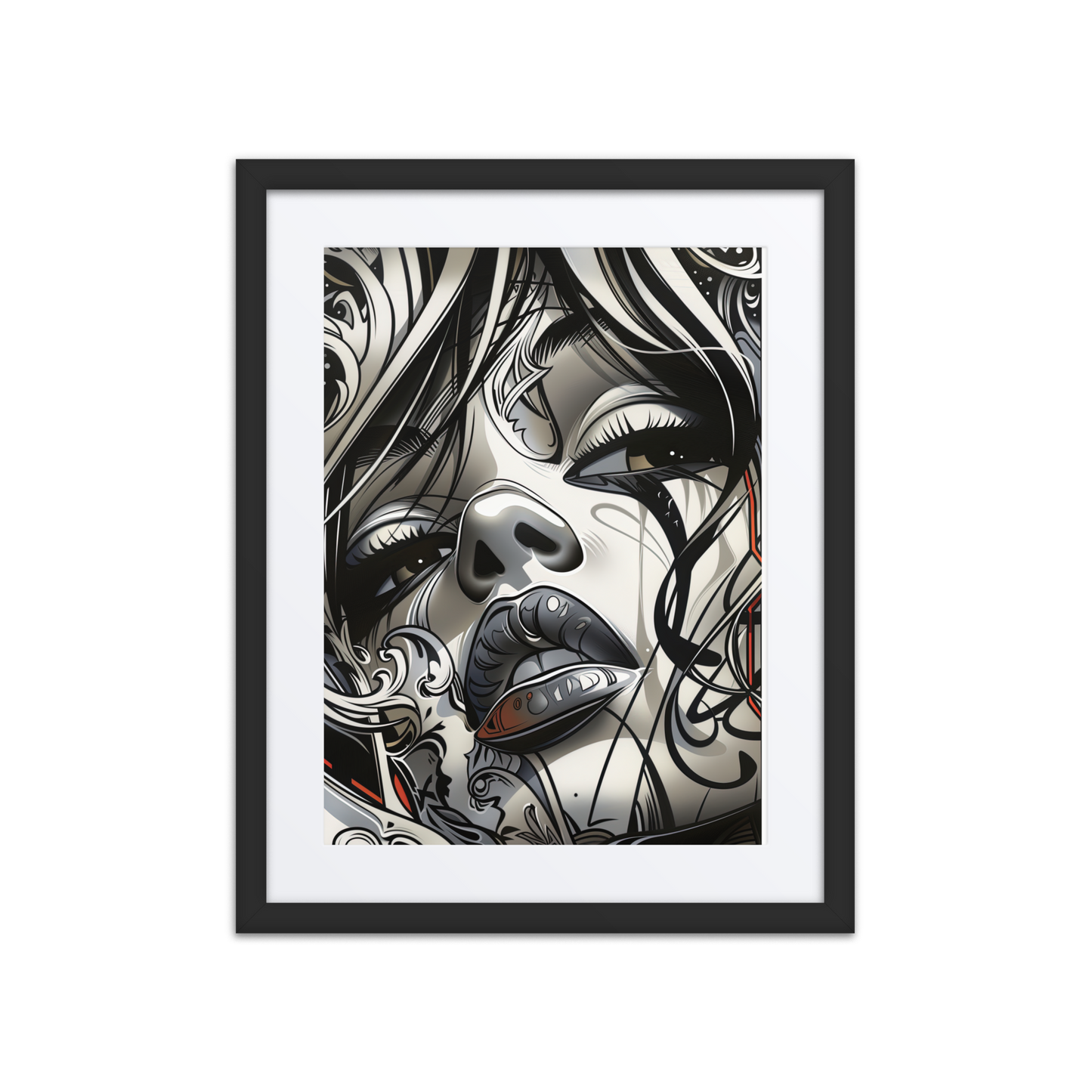 Close-up grayscale street art portrait of a woman’s face with swirling graffiti patterns, intricate linework, and sacred-style ornamentation—expressing strength and mystique.