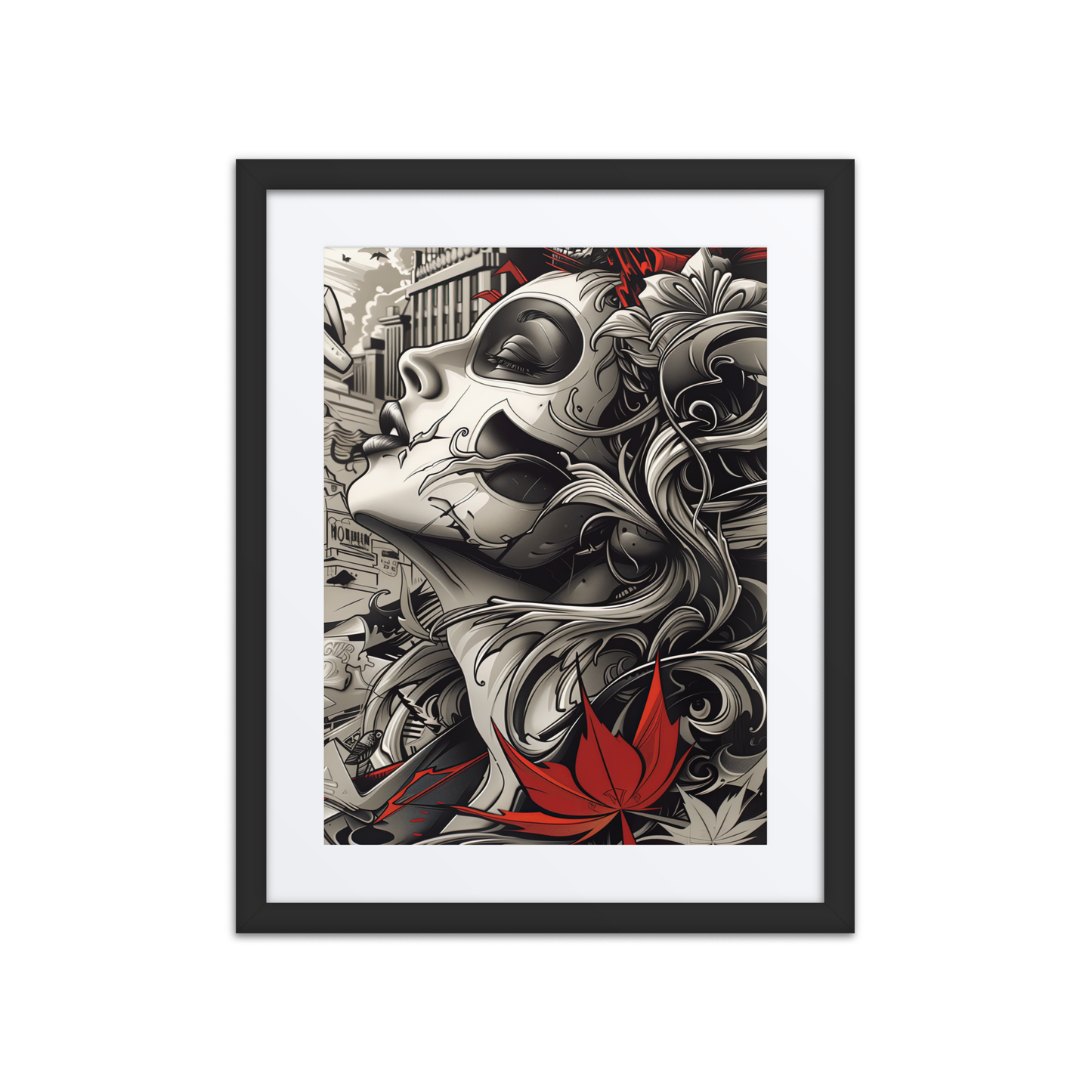 A stylized street art portrait of a woman with closed eyes, tribal face markings, flowing hair, and a red maple leaf, blending graffiti and Art Nouveau elements