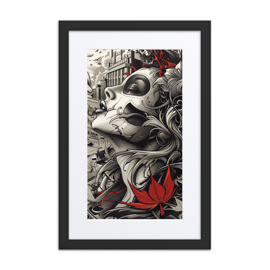 A stylized street art portrait of a woman with closed eyes, tribal face markings, flowing hair, and a red maple leaf, blending graffiti and Art Nouveau elements