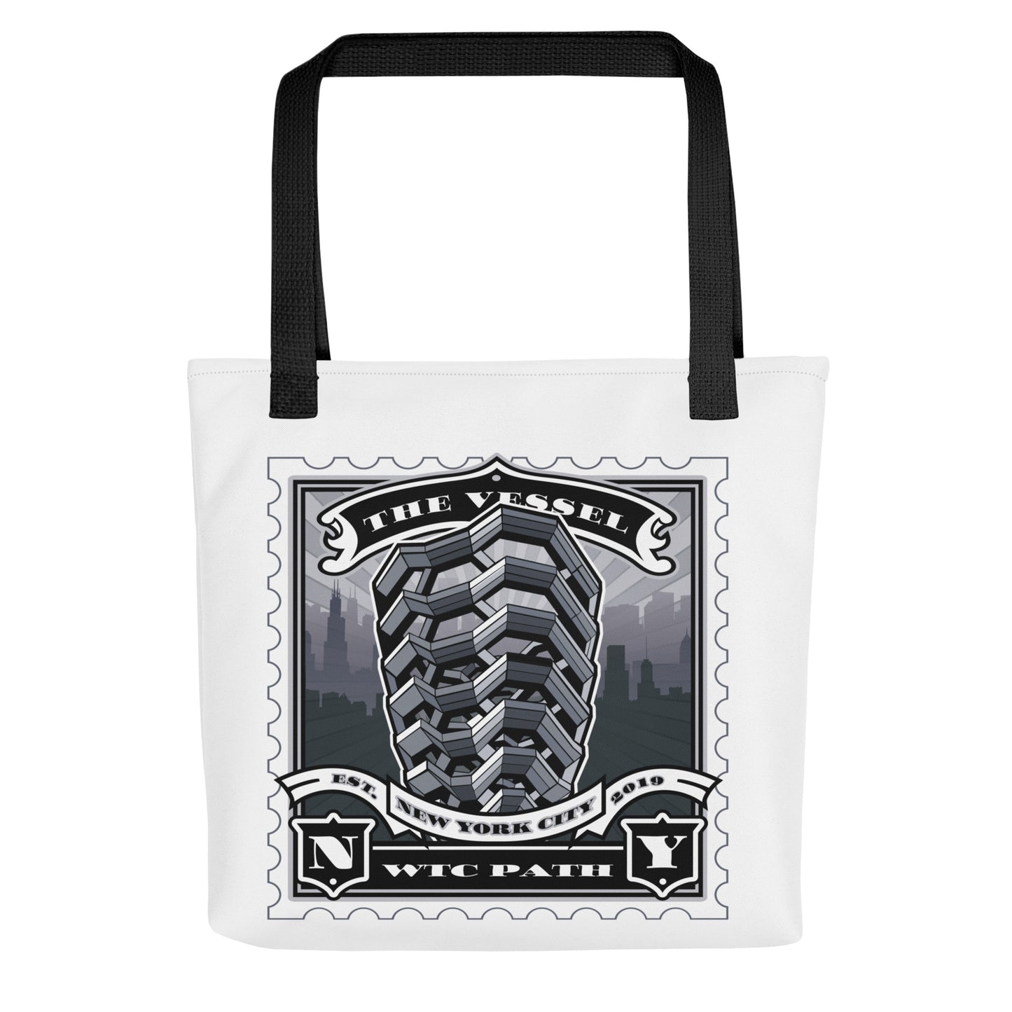 White canvas tote with The Vessel spiral stamp illustration, black handles, layered stair geometry and architectural detail.