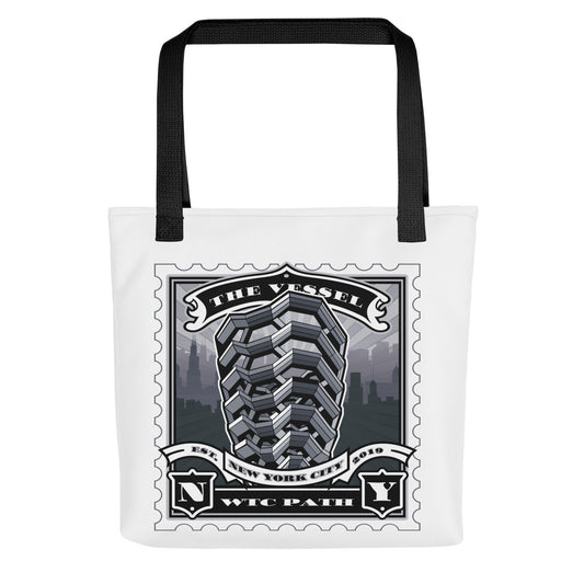 White canvas tote with The Vessel spiral stamp illustration, black handles, layered stair geometry and architectural detail.