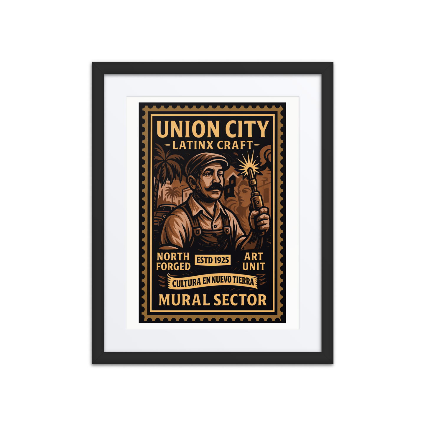 Linocut-style print of a Union City garment worker sewing at a heavy machine, with fabric rolls, thread cones, and factory windows behind them.