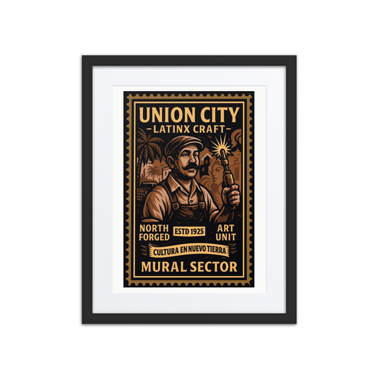 Linocut-style print of a Union City garment worker sewing at a heavy machine, with fabric rolls, thread cones, and factory windows behind them.