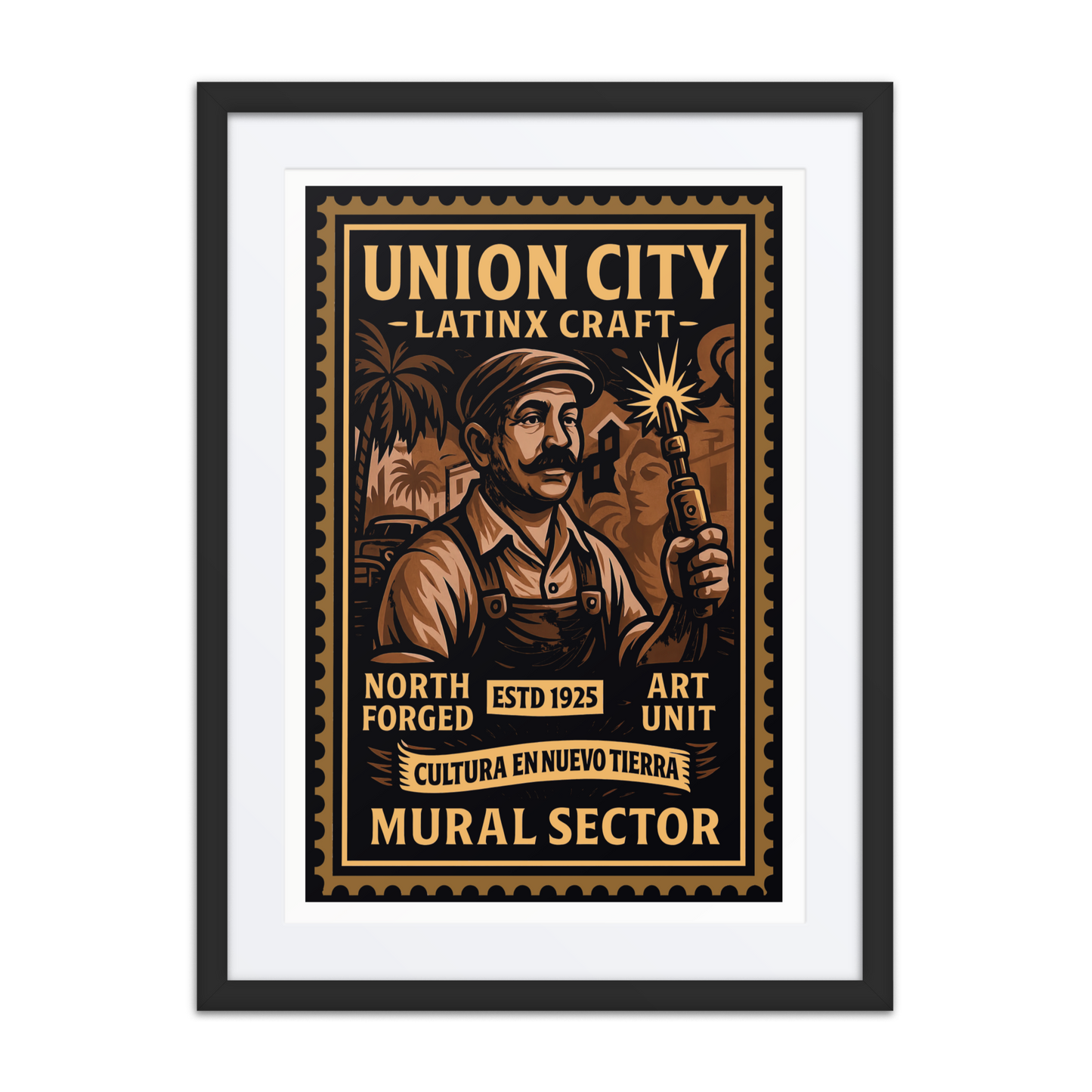 Linocut-style print of a Union City garment worker sewing at a heavy machine, with fabric rolls, thread cones, and factory windows behind them.
