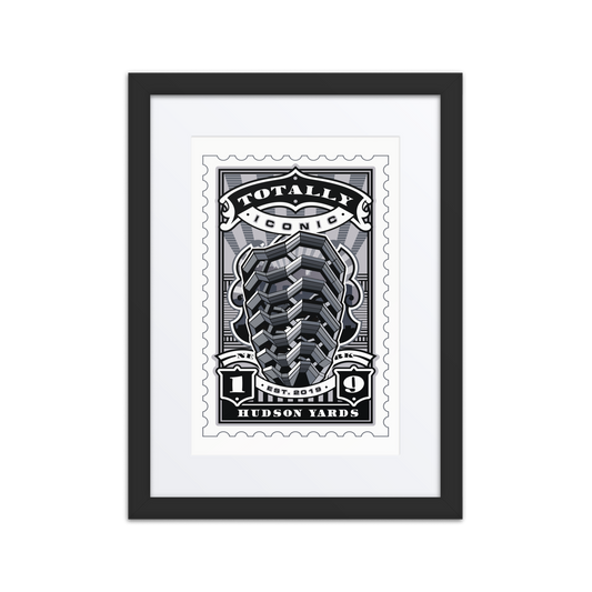 Linocut-style illustration of The Vessel at Hudson Yards, featuring bold architectural lines, interwoven staircases, and a geometric modern stamp frame.