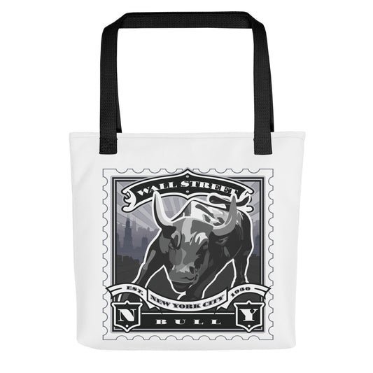 White canvas tote with Charging Bull vintage stamp illustration, black handles, muscular bull silhouette and street detail.