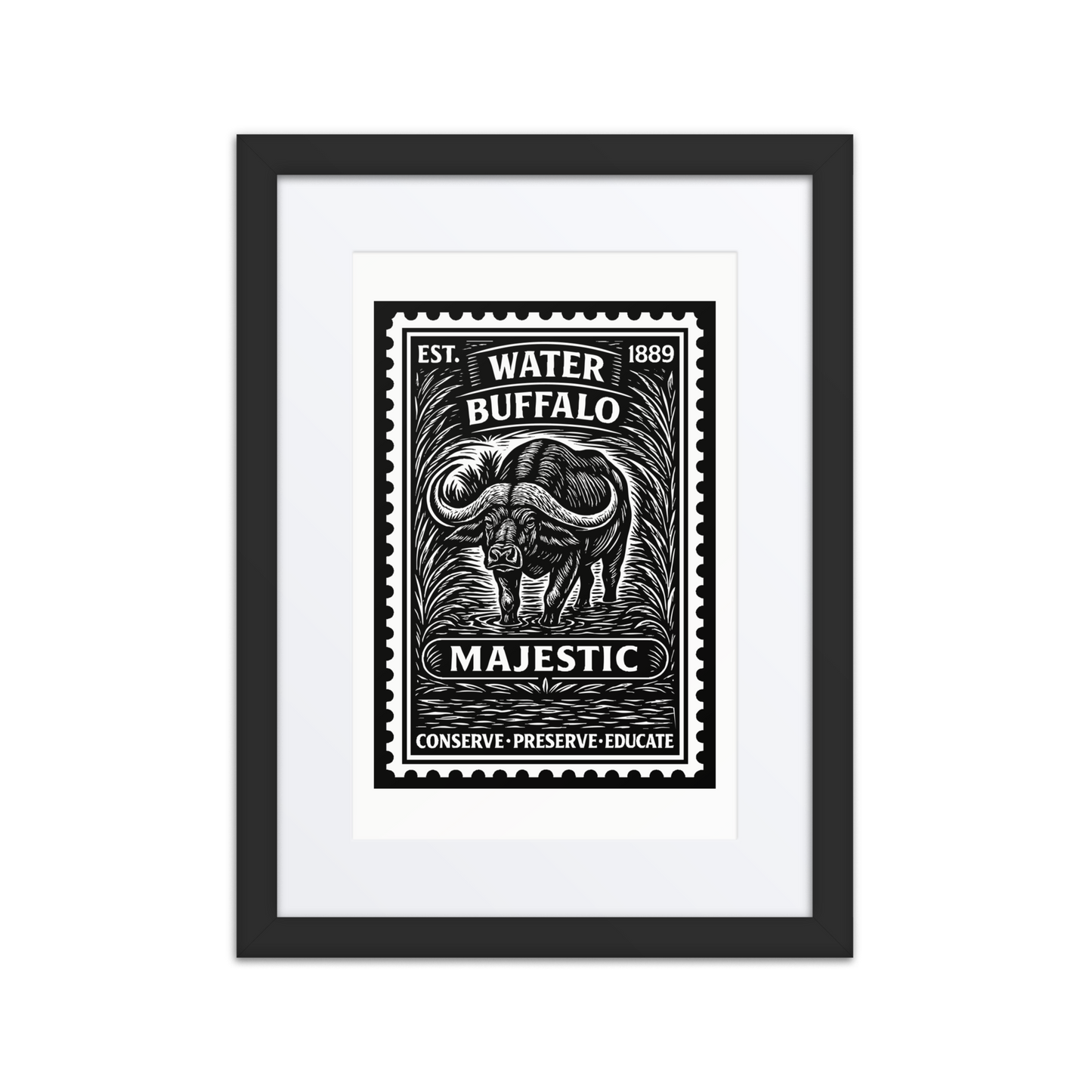 Black and white linocut illustration of a Water Buffalo emerging from an African floodplain, with engraved foliage and bold conservation banners.