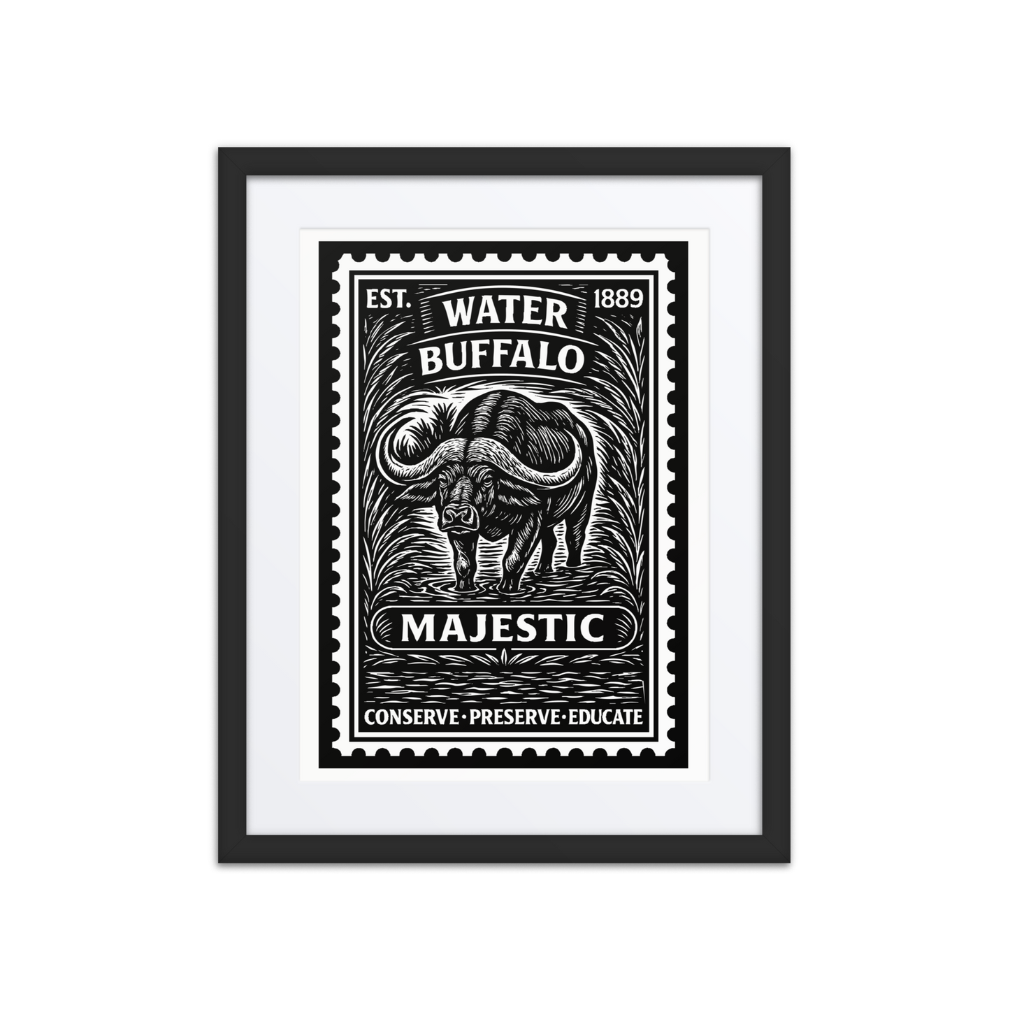 Black and white linocut illustration of a Water Buffalo emerging from an African floodplain, with engraved foliage and bold conservation banners.