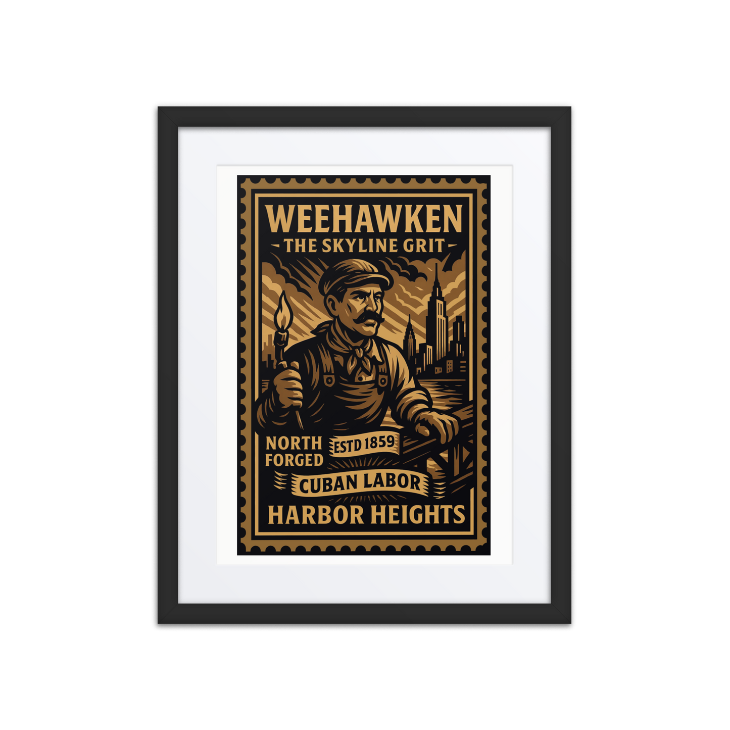 Linocut-style print of a Weehawken freight worker holding a signal flag near railcars and cranes along the Hudson River.