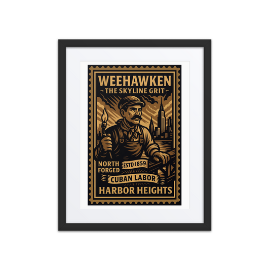 Linocut-style print of a Weehawken freight worker holding a signal flag near railcars and cranes along the Hudson River.