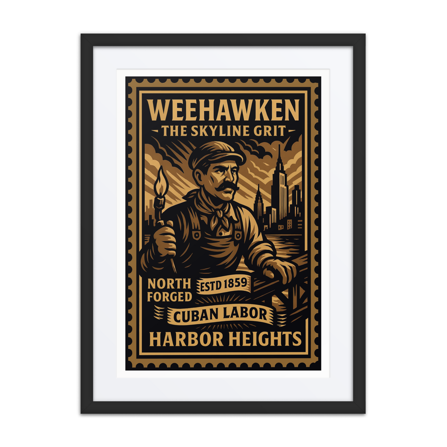 Linocut-style print of a Weehawken freight worker holding a signal flag near railcars and cranes along the Hudson River.