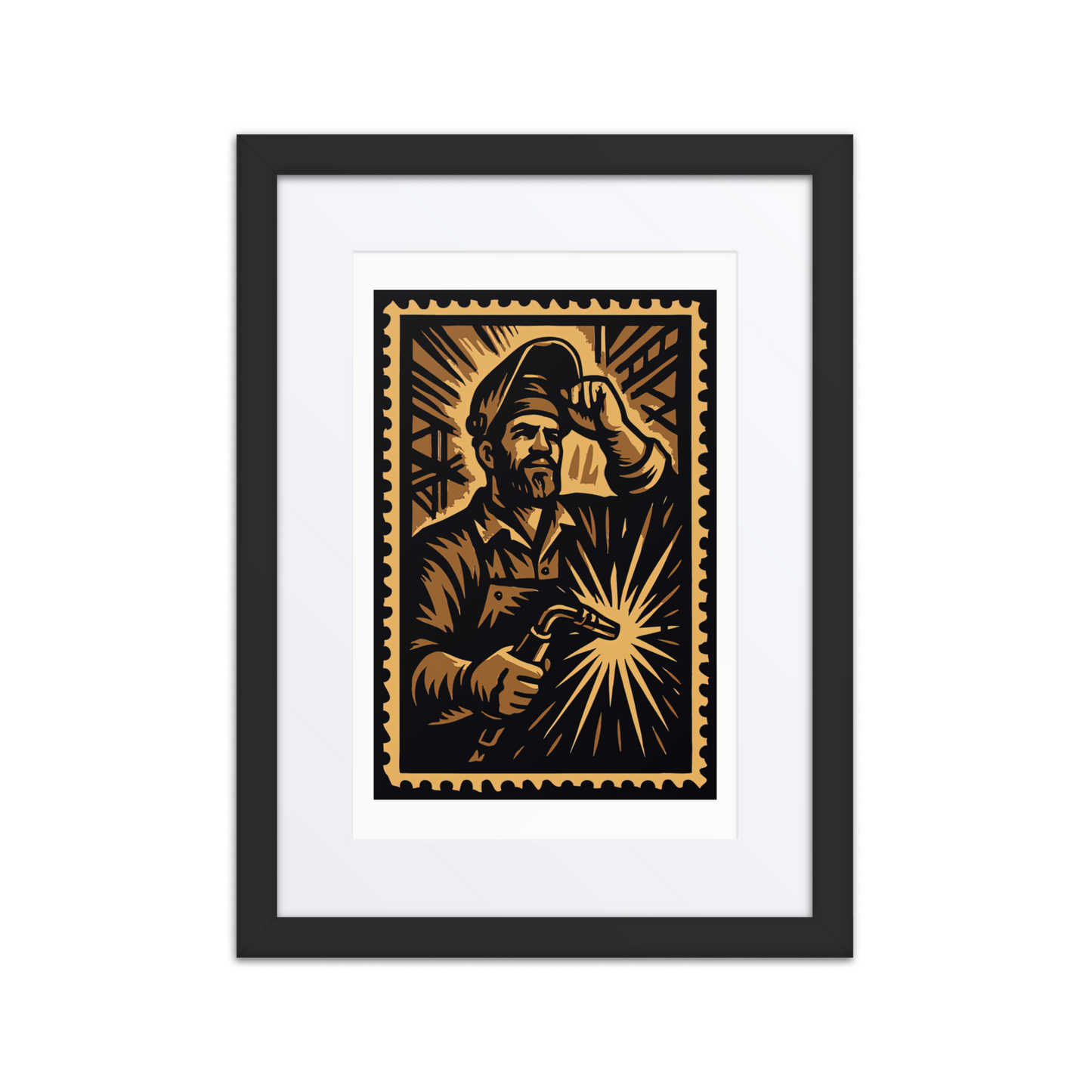 Sepia linocut-style illustration of an Ironbound welder fusing steel with a torch, surrounded by sparks and heavy machinery.