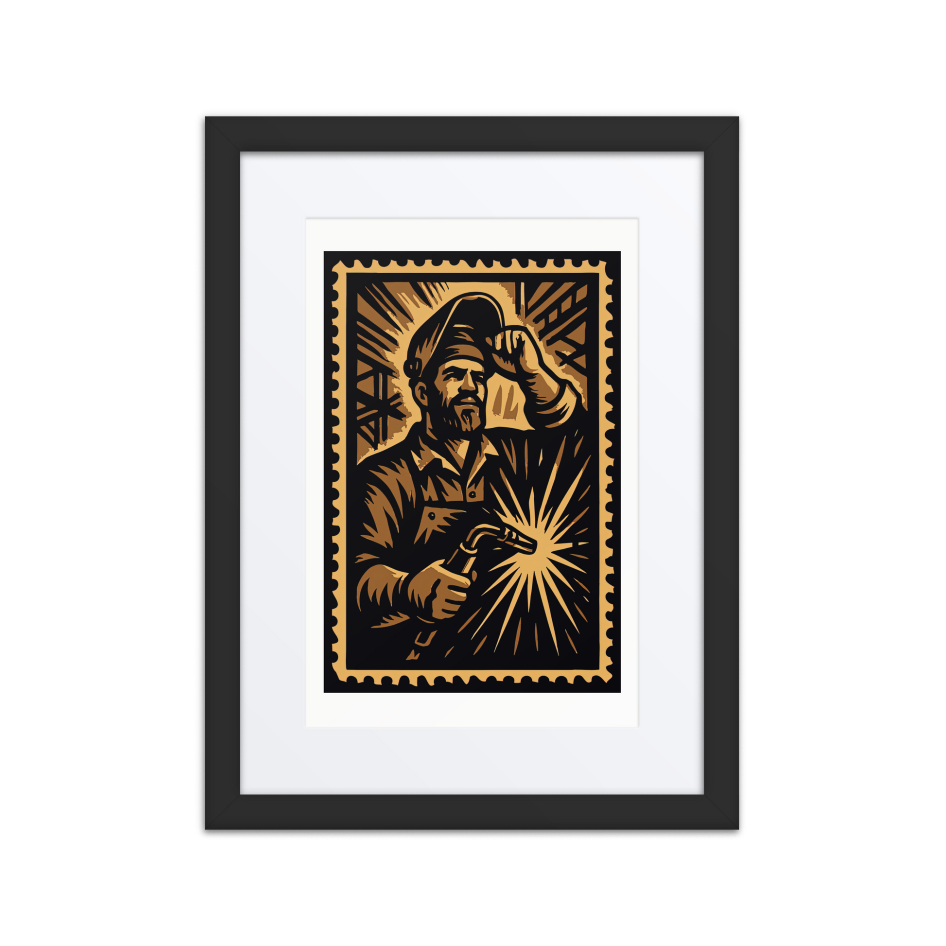 Sepia linocut-style illustration of an Ironbound welder fusing steel with a torch, surrounded by sparks and heavy machinery.