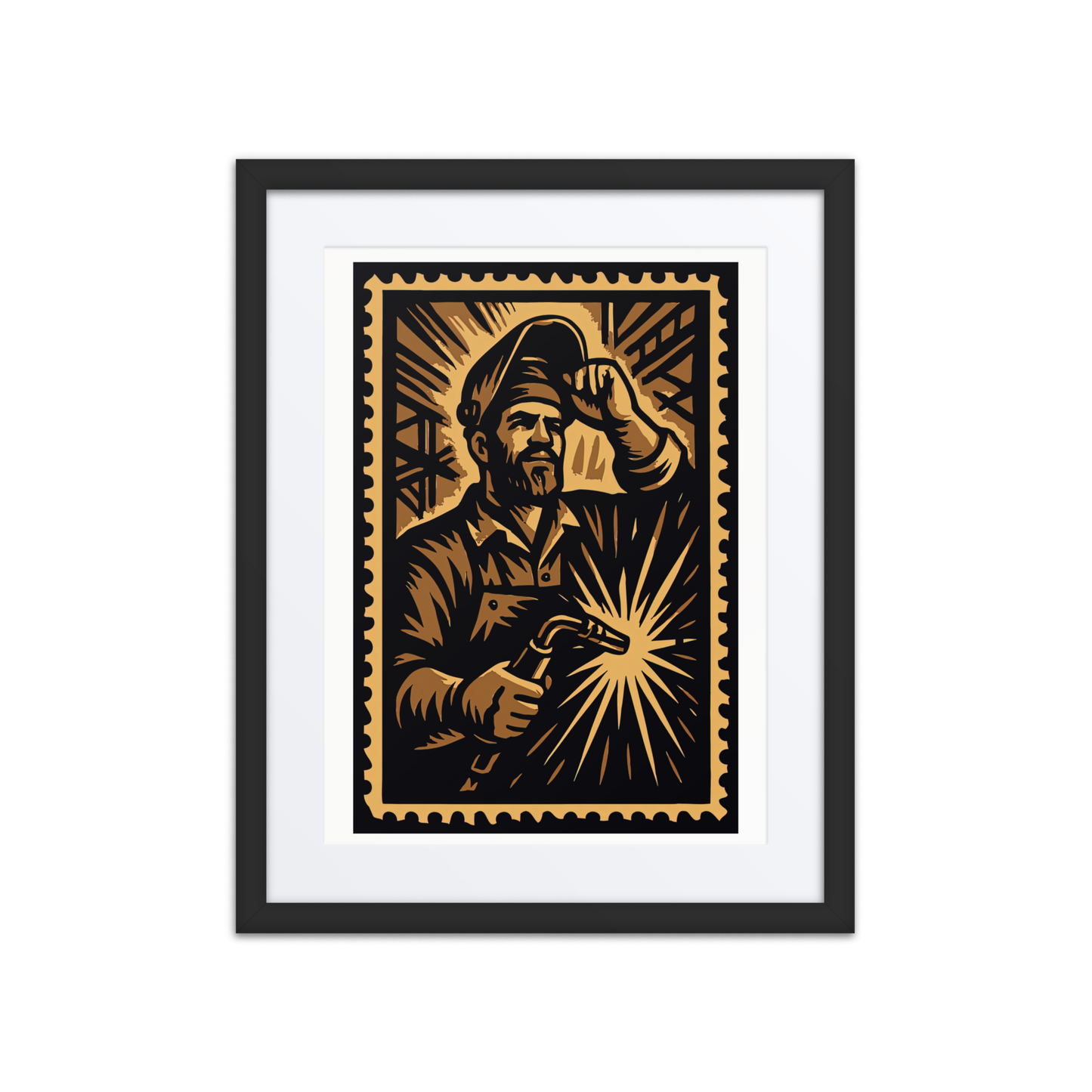 Sepia linocut-style illustration of an Ironbound welder fusing steel with a torch, surrounded by sparks and heavy machinery.