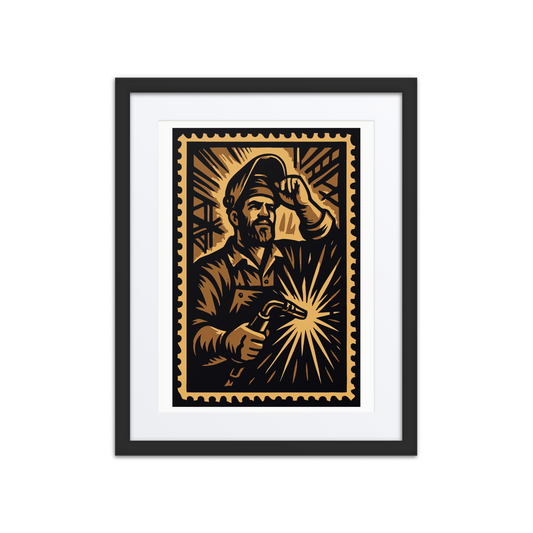 Sepia linocut-style illustration of an Ironbound welder fusing steel with a torch, surrounded by sparks and heavy machinery.