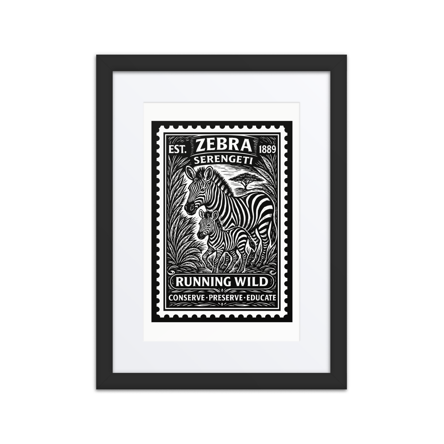 Black and white linocut-style stamp illustration of a mother zebra and her foal walking together through the Serengeti, framed by detailed vegetation and bold African design motifs.