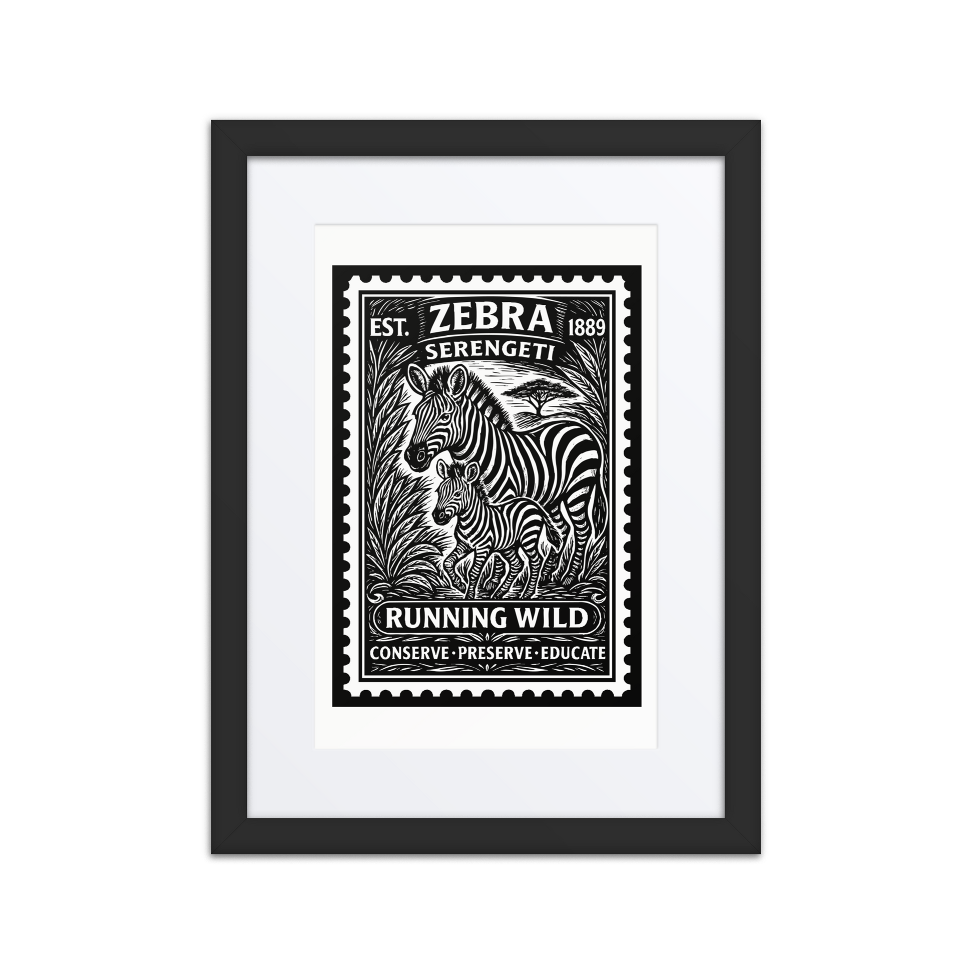 Black and white linocut-style stamp illustration of a mother zebra and her foal walking together through the Serengeti, framed by detailed vegetation and bold African design motifs.