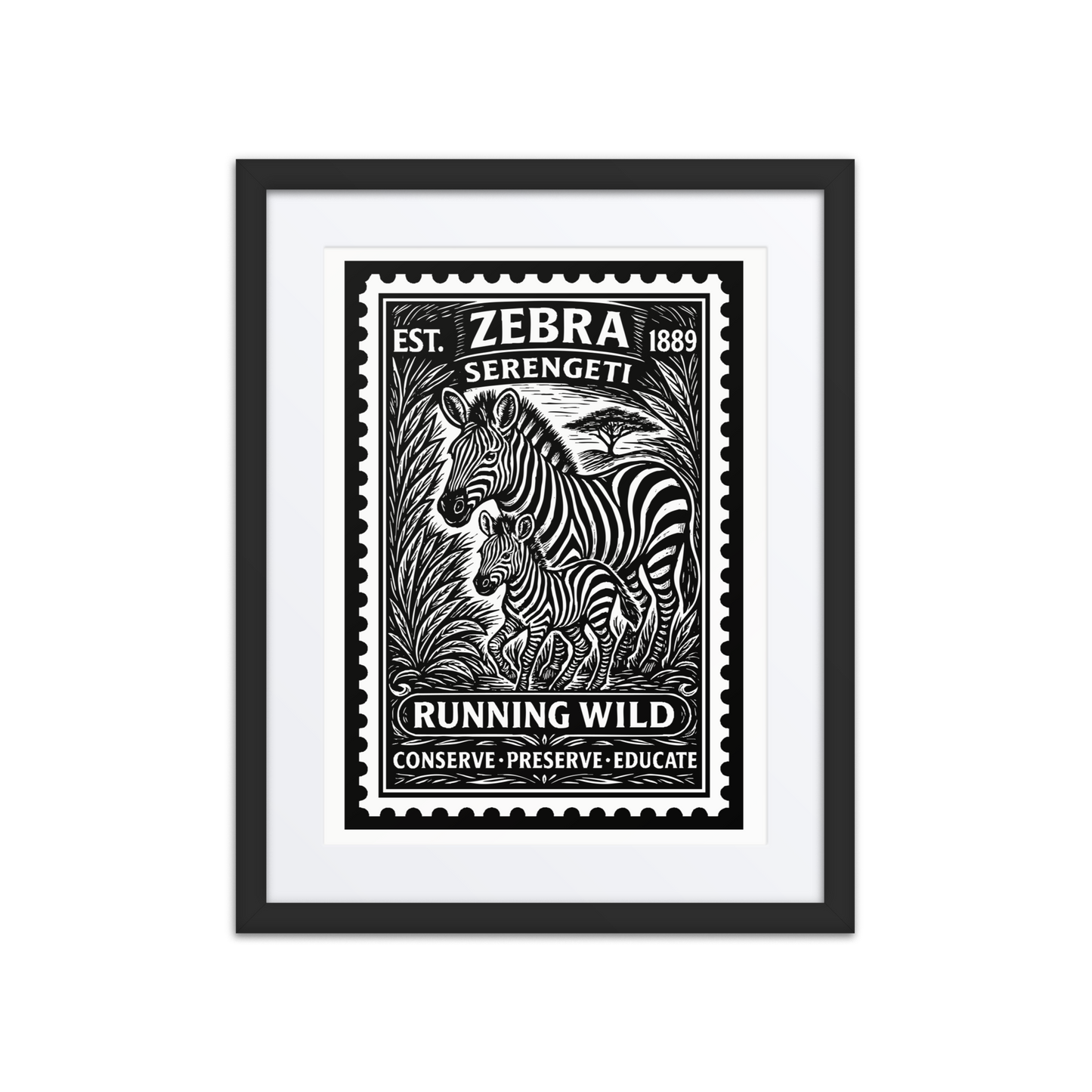 Black and white linocut-style stamp illustration of a mother zebra and her foal walking together through the Serengeti, framed by detailed vegetation and bold African design motifs.