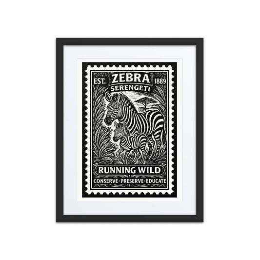 Black and white linocut-style stamp illustration of a mother zebra and her foal walking together through the Serengeti, framed by detailed vegetation and bold African design motifs.